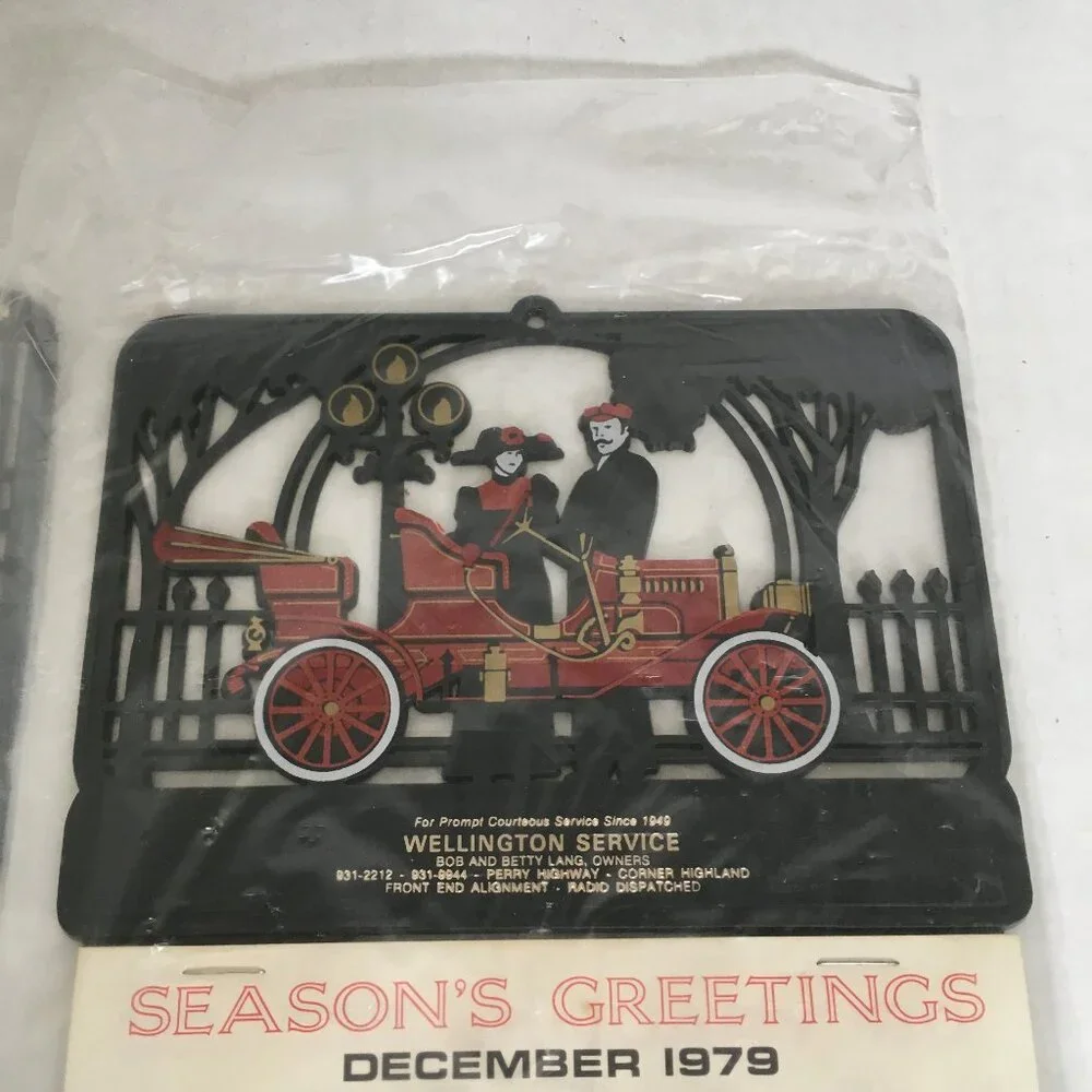 Vintage car service place calendar lot plastic cut out tops old cars silhouette